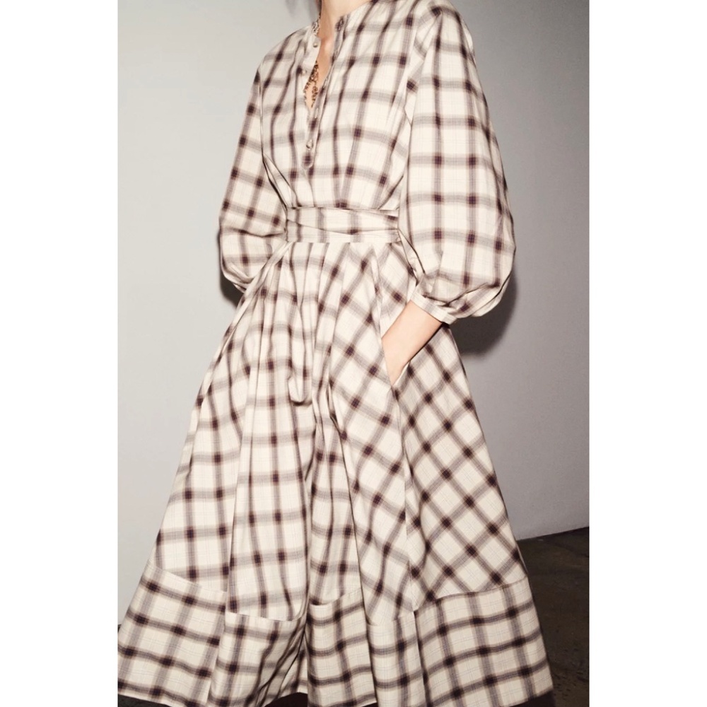 Zara Check Shirt Dress Cotton With Belt Tie Lagenlook Long Sleeves XS Oversized